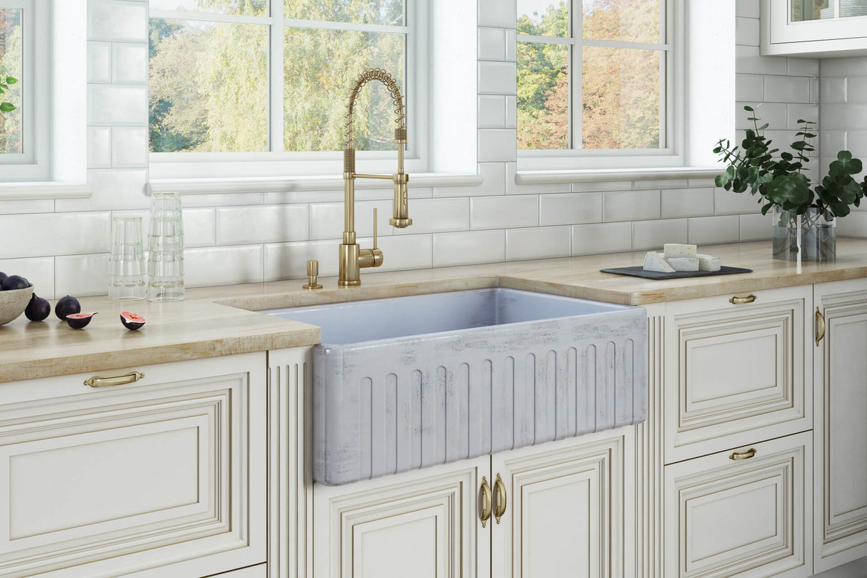 Ruvati 33 inch Fireclay Distressed Finish Farmhouse Apron-Front Kitchen Sink Reversible - Coastal Blue - RVL2300SB