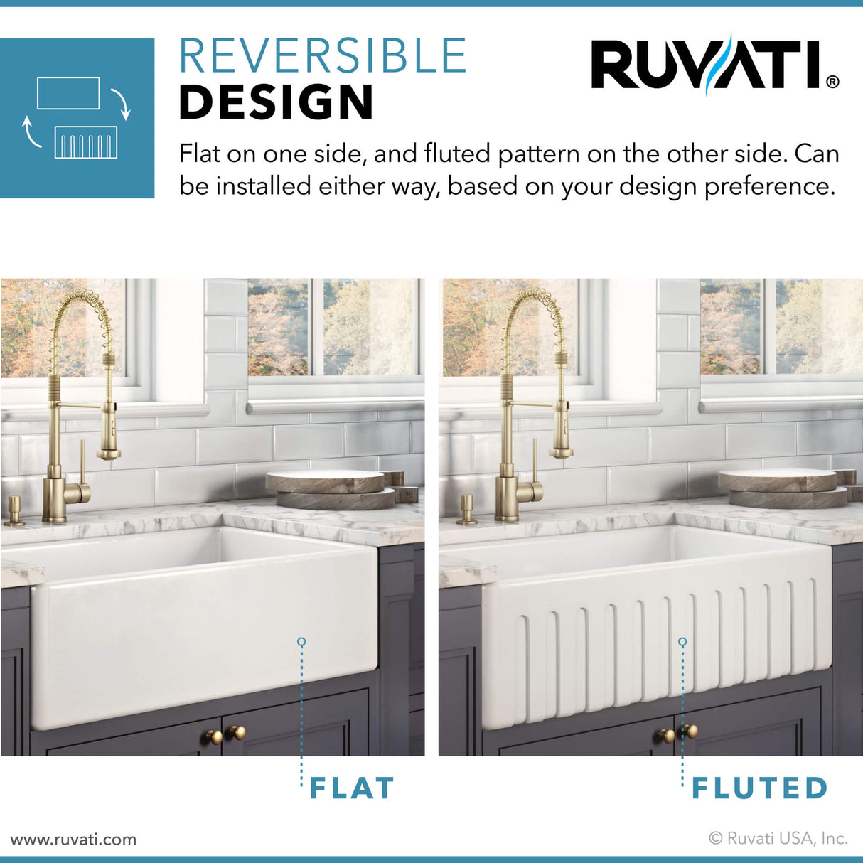 Ruvati 33 x 20 inch Fireclay Reversible Farmhouse Apron-Front Kitchen Sink Specialty Finish - Distressed White - RVL2300SW