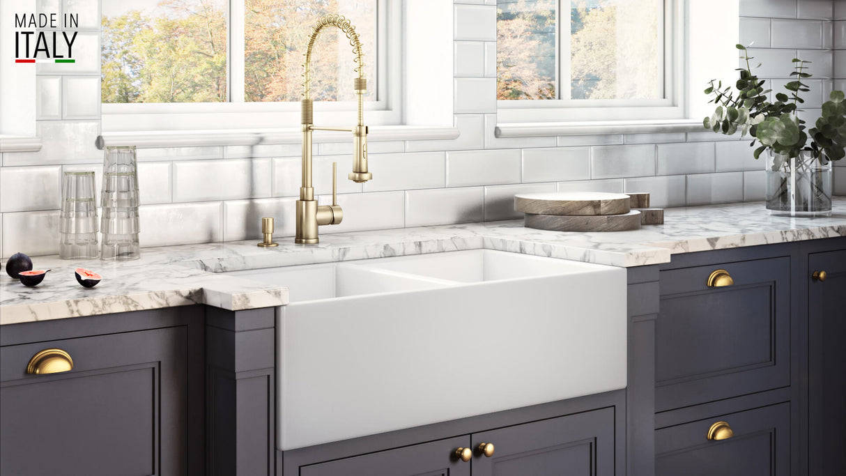 Ruvati 33 x 18 inch Fireclay Farmhouse Apron-Front Kitchen Sink Double Bowl - White - RVL2311WH