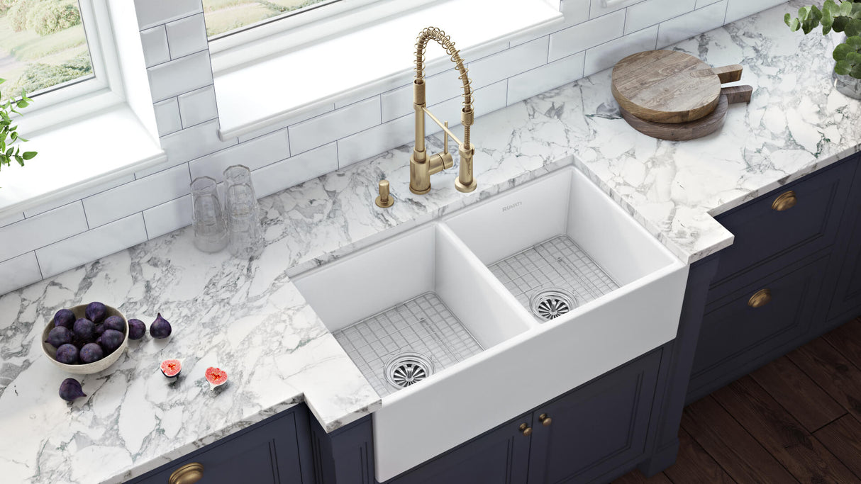 Ruvati 33 x 18 inch Fireclay Farmhouse Apron-Front Kitchen Sink Double Bowl - White - RVL2311WH