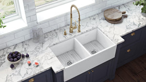 Ruvati 33 x 18 inch Fireclay Farmhouse Apron-Front Kitchen Sink Double Bowl - White - RVL2311WH