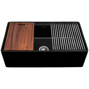 Ruvati 33 inch Fireclay Workstation Black Farmhouse Kitchen Sink Apron Front Single Bowl - RVL2387BK