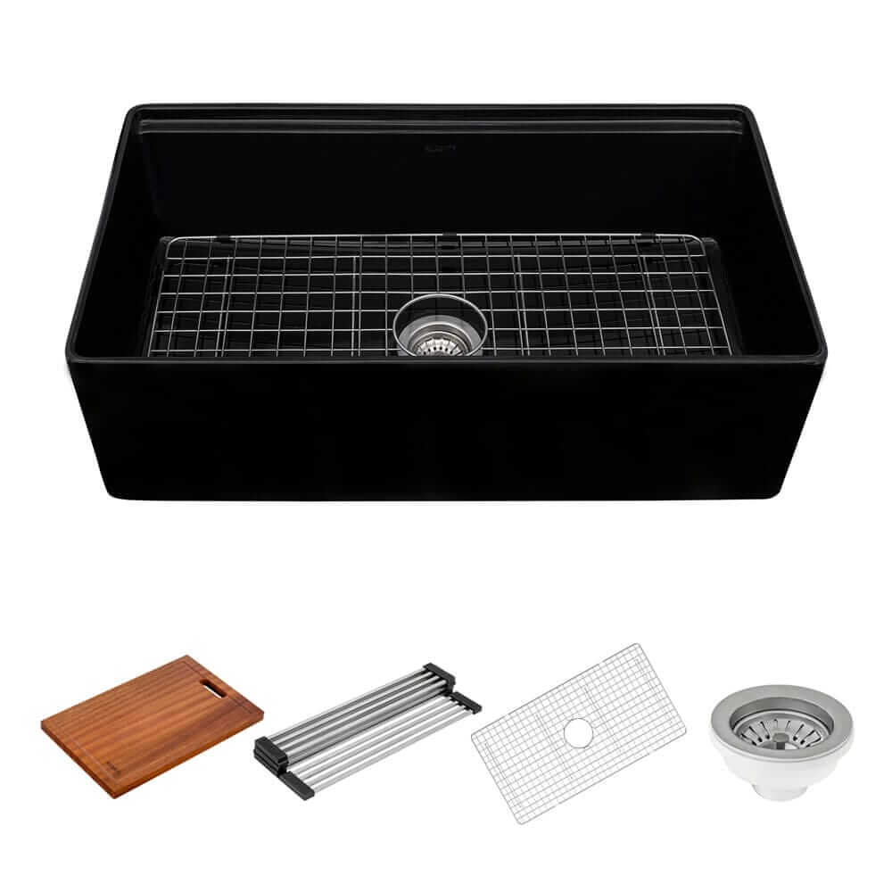 Ruvati 33 inch Fireclay Workstation Black Farmhouse Kitchen Sink Apron Front Single Bowl - RVL2387BK