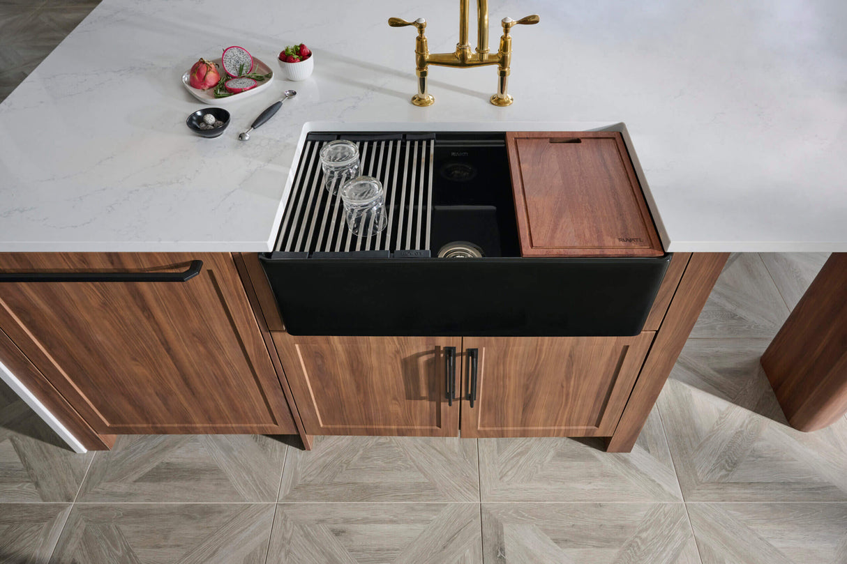 Ruvati 33 inch Fireclay Workstation Black Farmhouse Kitchen Sink Apron Front Single Bowl - RVL2387BK