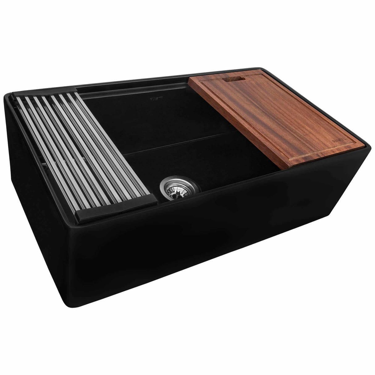 Ruvati 33 inch Fireclay Workstation Black Farmhouse Kitchen Sink Apron Front Single Bowl - RVL2387BK