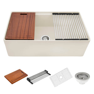 Ruvati 33 inch Fireclay Workstation Farmhouse Kitchen Sink Apron Front Single Bowl Biscuit Sand - RVL2387BS