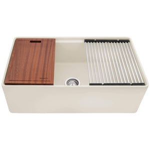 Ruvati 33 inch Fireclay Workstation Farmhouse Kitchen Sink Apron Front Single Bowl Biscuit Sand - RVL2387BS