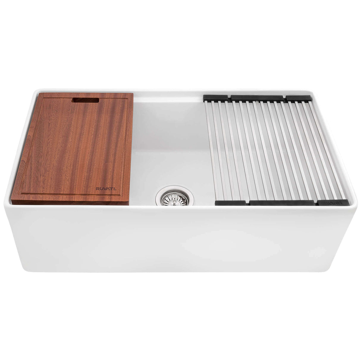 Ruvati 33 inch Fireclay Workstation White Farmhouse Kitchen Sink Apron Front Single Bowl - RVL2387WH
