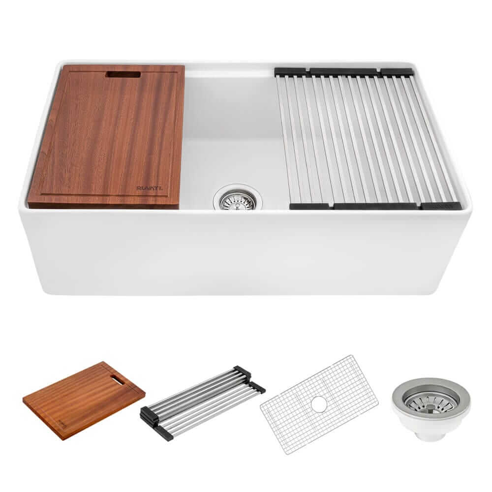 Ruvati 33 inch Fireclay Workstation White Farmhouse Kitchen Sink Apron Front Single Bowl - RVL2387WH