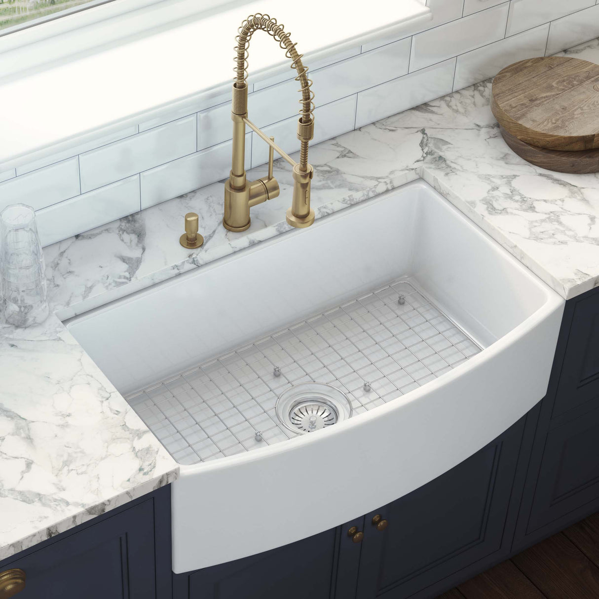 Ruvati 33 inch Fireclay White Farmhouse Kitchen Sink Bow Front Curved Apron Single Bowl - RVL2398WH
