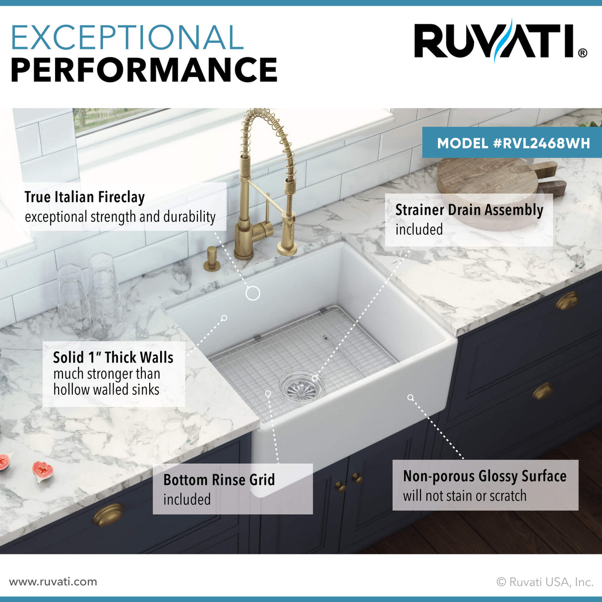 Ruvati 23-inch Fireclay Farmhouse Kitchen Laundry Utility Sink Single Bowl - White - RVL2468WH