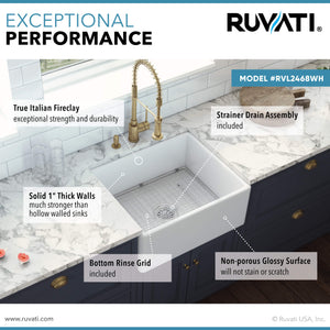 Ruvati 23-inch Fireclay Farmhouse Kitchen Laundry Utility Sink Single Bowl - White - RVL2468WH