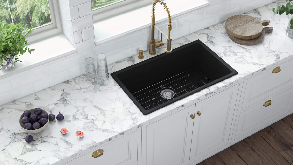 Ruvati 27-inch Fireclay Undermount / Drop-in Topmount Kitchen Sink Single Bowl - Black - RVL2707BK