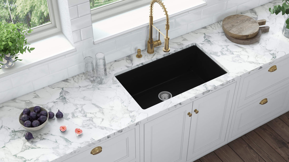 Ruvati 30-inch Fireclay Undermount / Drop-in Topmount Kitchen Sink Single Bowl - Glossy Black - RVL3030BK
