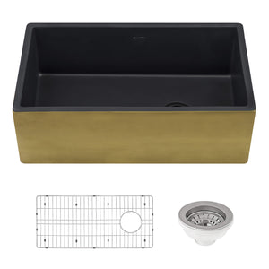 Ruvati 30-inch Matte Black and Brushed Gold Fireclay Modern Farmhouse Kitchen Sink Single Bowl - RVL4018GRG