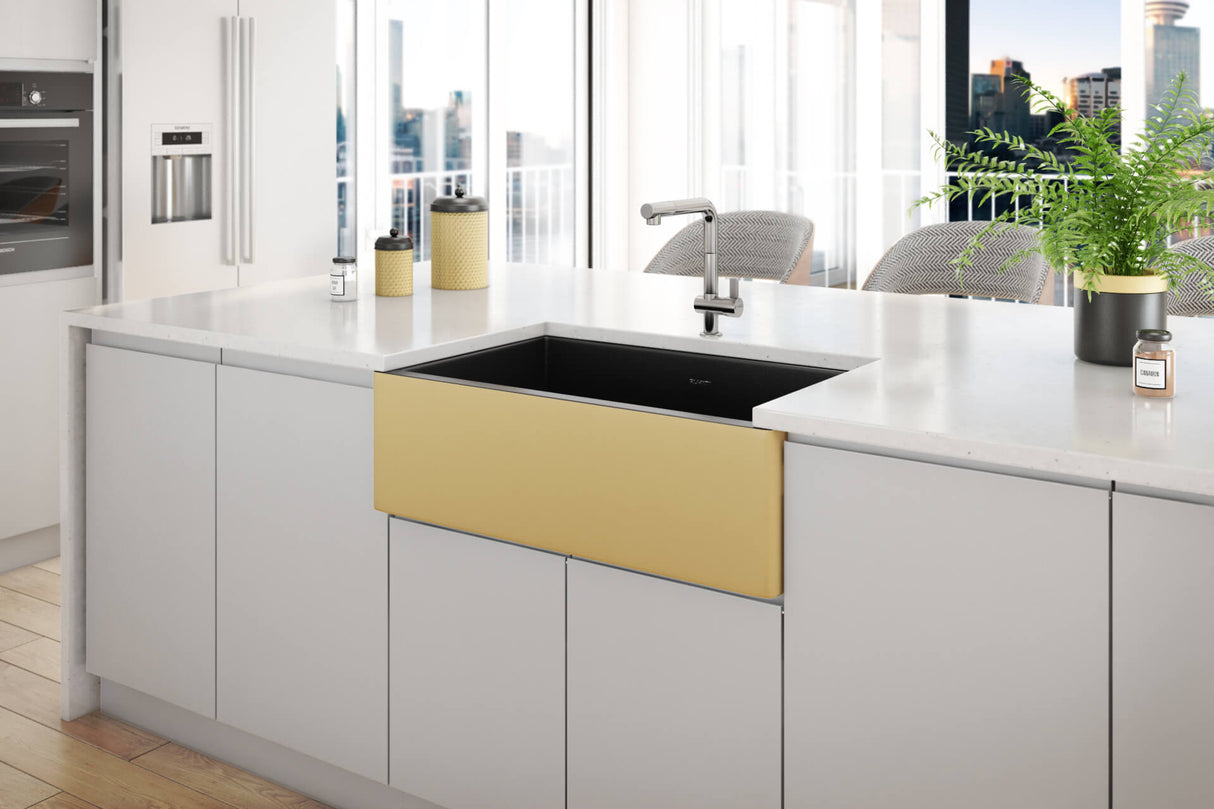 Ruvati 30-inch Matte Black and Brushed Gold Fireclay Modern Farmhouse Kitchen Sink Single Bowl - RVL4018GRG
