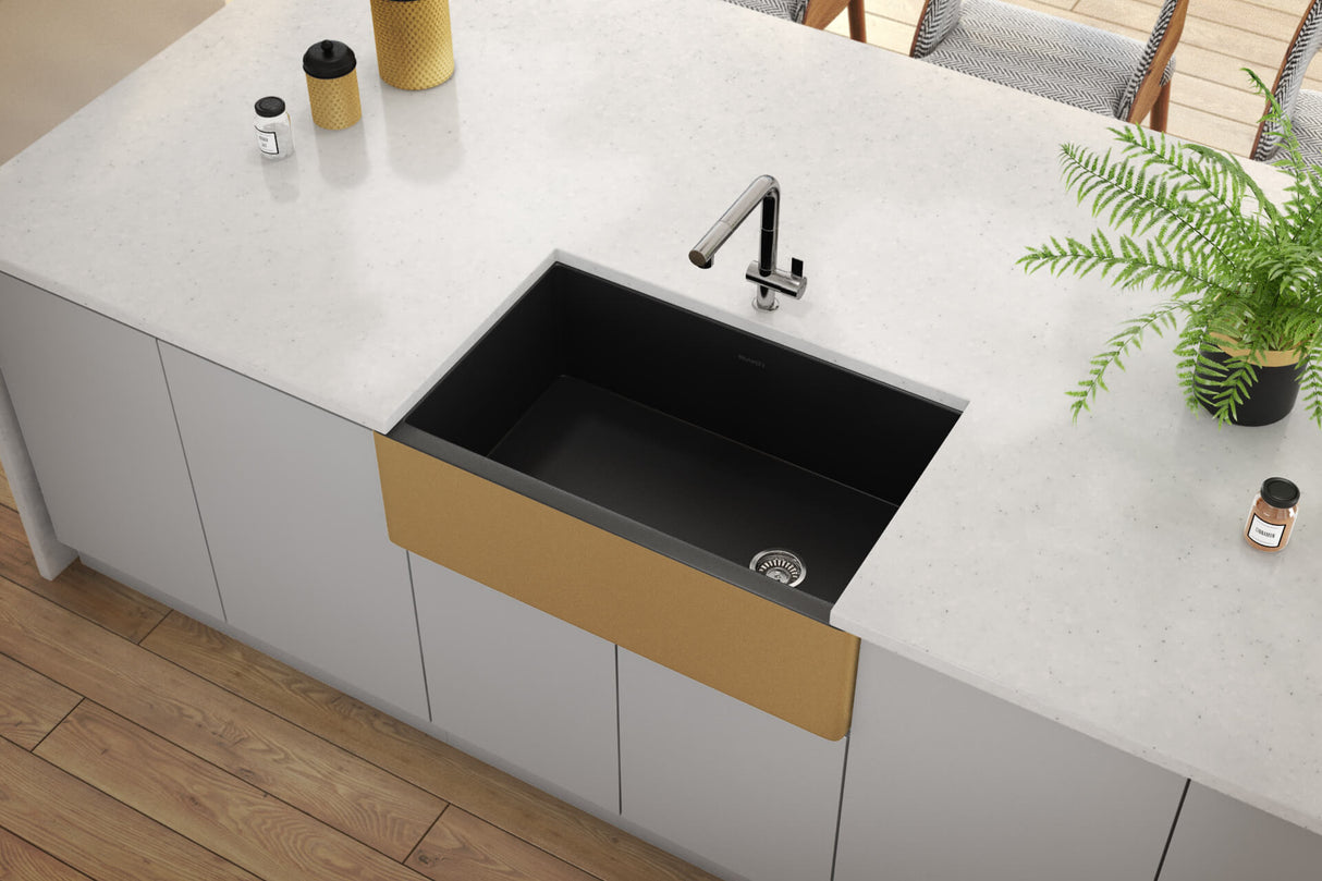 Ruvati 30-inch Matte Black and Brushed Gold Fireclay Modern Farmhouse Kitchen Sink Single Bowl - RVL4018GRG