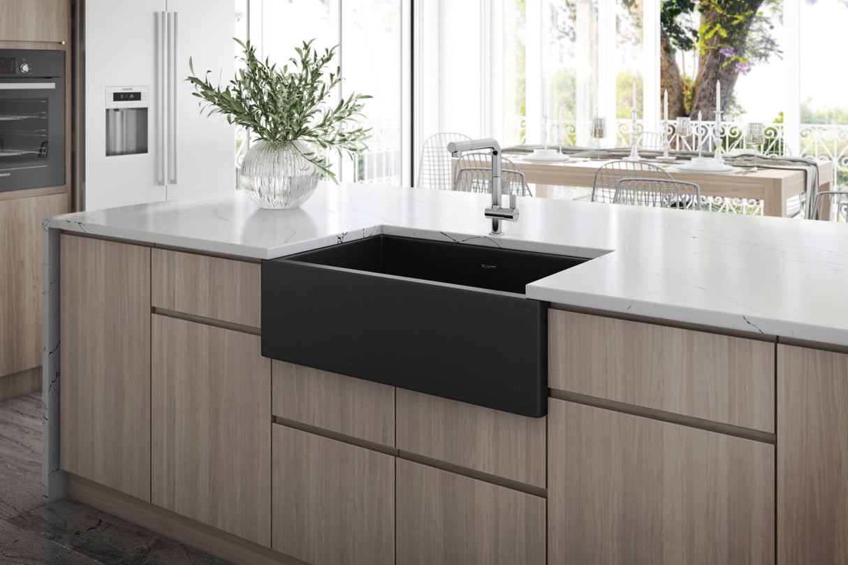 Ruvati 30-inch Matte Black Fireclay Modern Farmhouse Offset Drain Kitchen Sink Single Bowl - RVL4018MBK