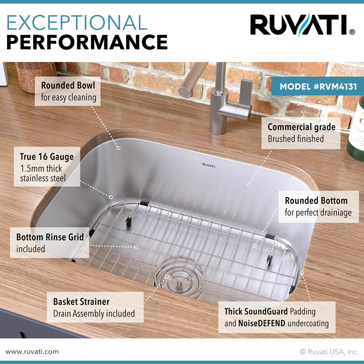 Ruvati 21-inch Undermount 16 Gauge Stainless Steel Kitchen Sink Single Bowl - RVM4131
