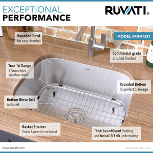 Ruvati 21-inch Undermount 16 Gauge Stainless Steel Kitchen Sink Single Bowl - RVM4131