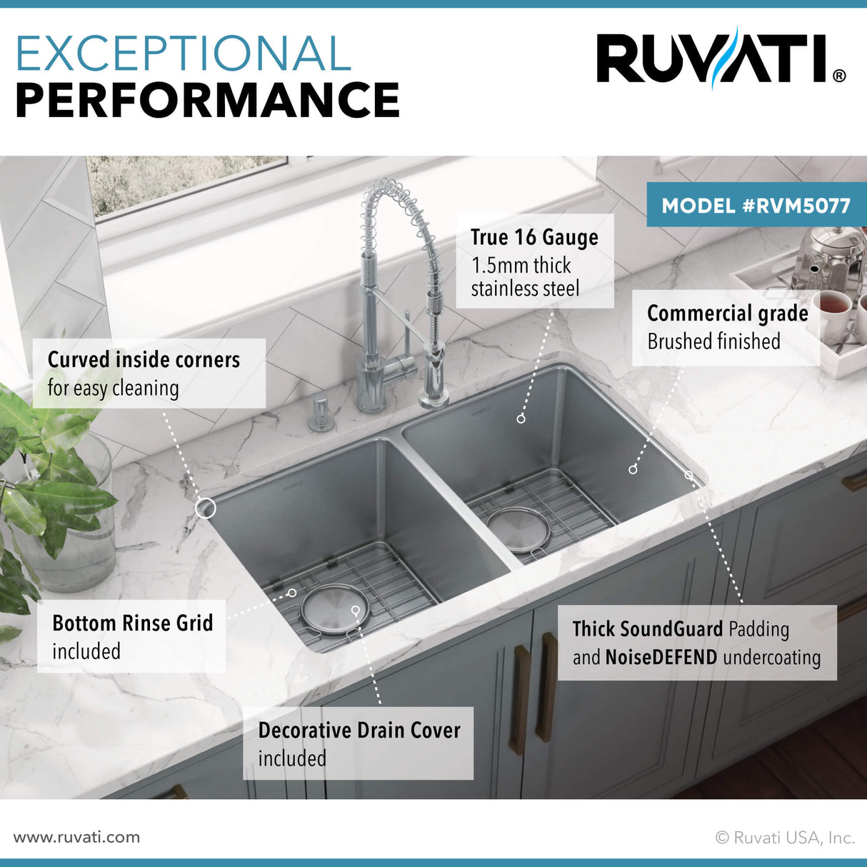 Ruvati 28-inch Undermount Kitchen Sink 50/50 Double Bowl 16 Gauge Stainless Steel - RVM5077