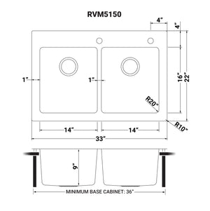 Ruvati 33 x 22 inch Drop-in Topmount Kitchen Sink 16 Gauge Stainless Steel 50/50 Double Bowl - RVM5150