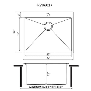 Ruvati Topmount Laundry Utility Sink 27 x 22 x 12 inch Rounded Corners Deep 16 Gauge Stainless Steel - RVU6027
