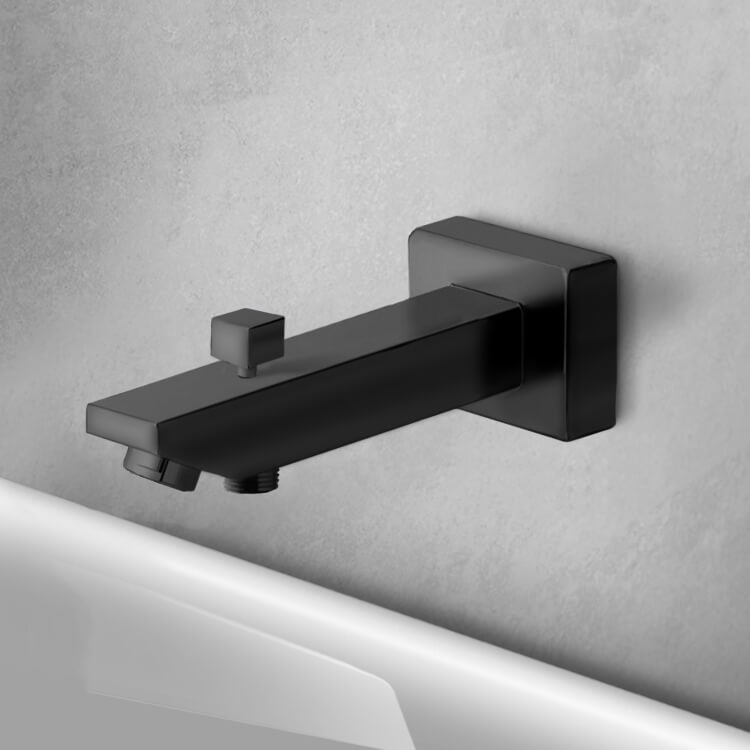 Square Tub Spout With Diverter, Matte Black