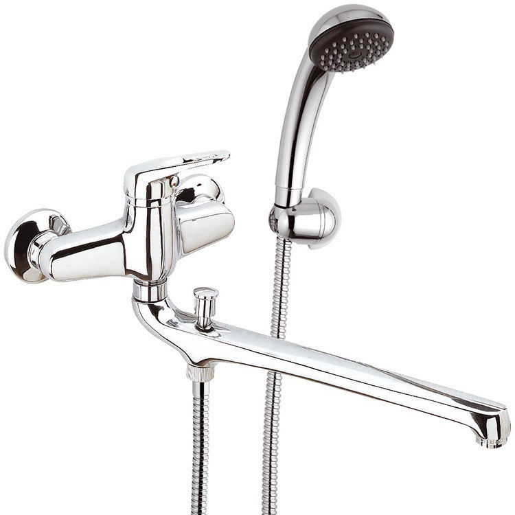 Chrome Wall Mount Tub Faucet with Long Swivel Spout and Hand Shower