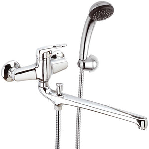 Chrome Wall Mount Tub Faucet with Long Swivel Spout and Hand Shower