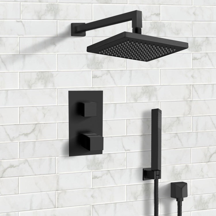 Matte Black Thermostatic Shower System with 8" Rain Shower Head and Hand Shower