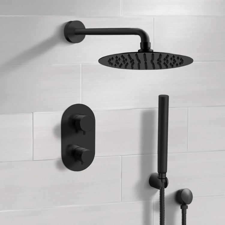 Matte Black Thermostatic Shower System with 12" Rain Shower Head and Hand Shower