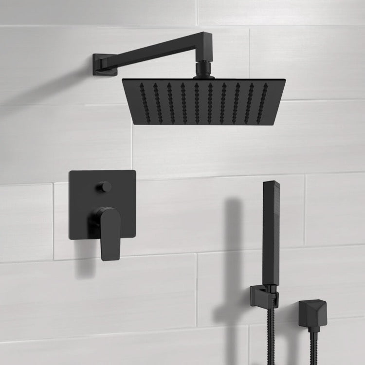 Matte Black Shower Set With 12" Rain Shower Head and Hand Shower