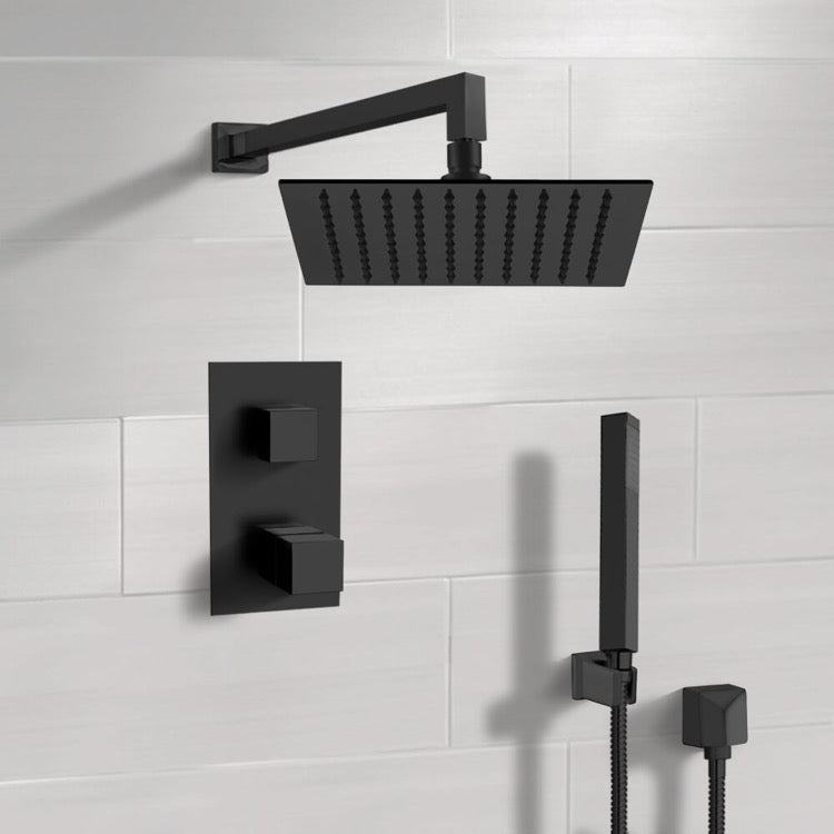 Matte Black Thermostatic Shower Set with 10" Rain Shower Head and Hand Shower