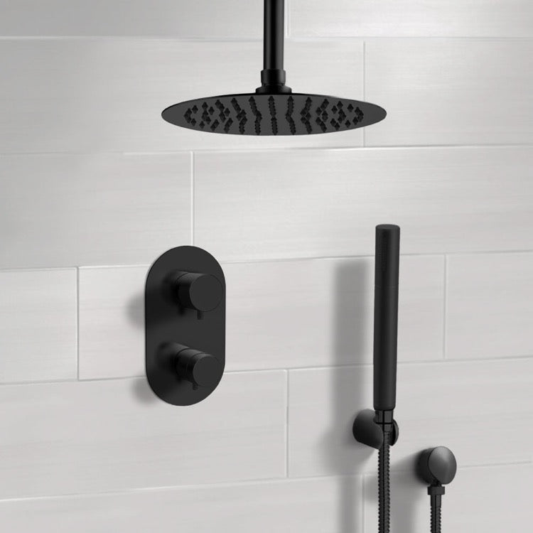 Matte Black Thermostatic Ceiling Shower System with 10" Rain Shower Head and Hand Shower