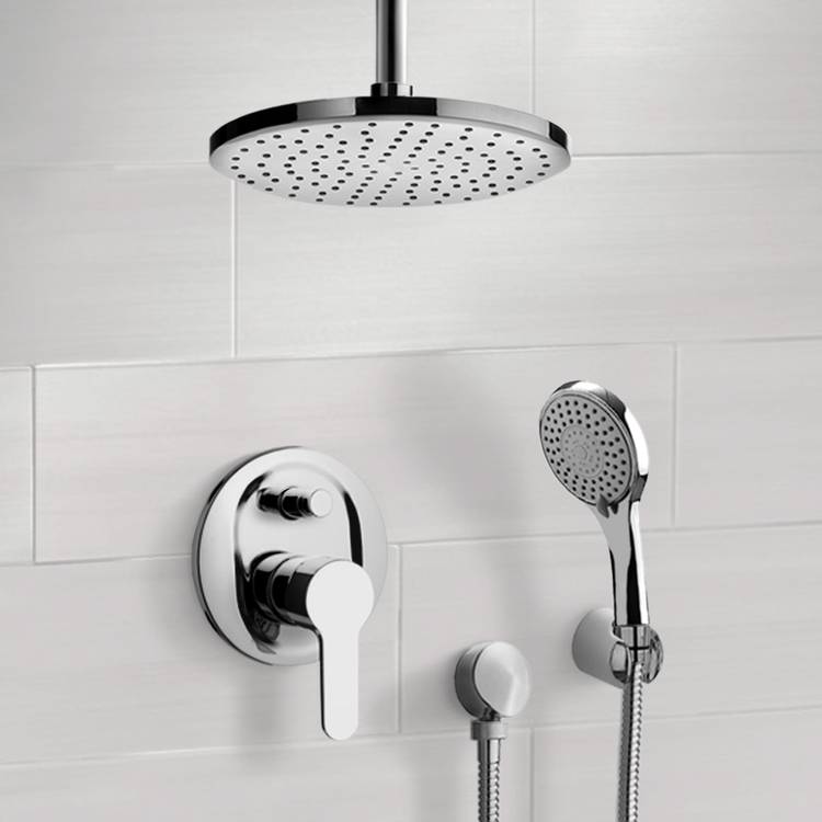 Chrome Shower System with 10" Rain Ceiling Shower Head and Hand Shower