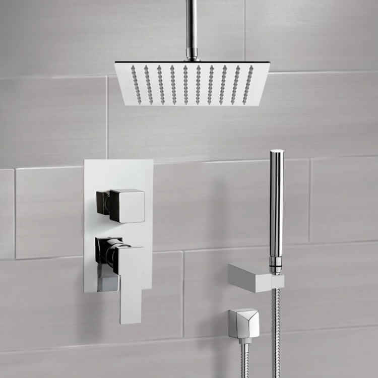 Chrome Ceiling Shower System With Rain Shower Head and Hand Shower