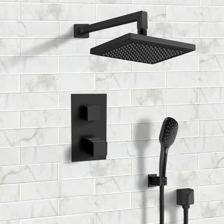 Matte Black Thermostatic Shower System with 8" Rain Shower Head and Hand Shower