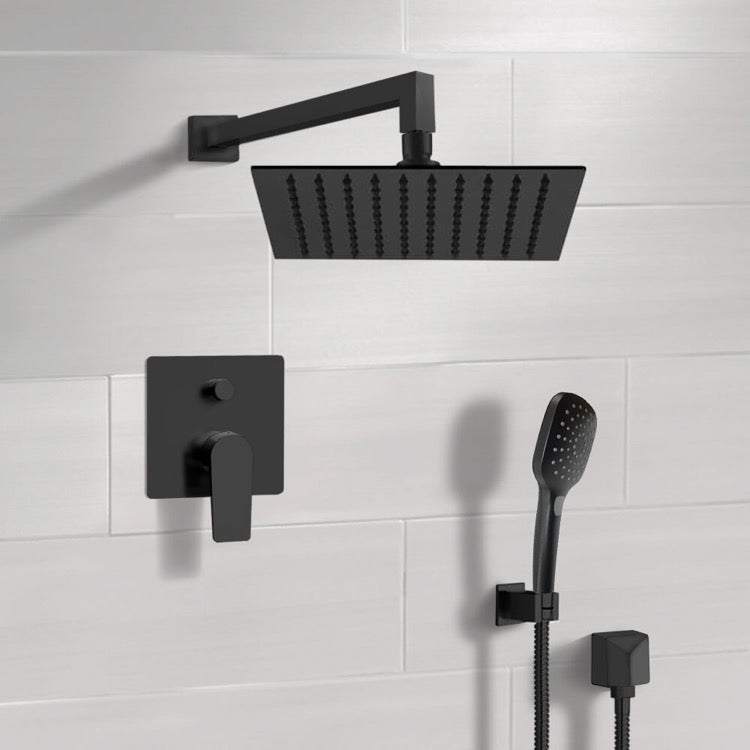 Matte Black Shower Set With 12" Rain Shower Head and Hand Shower