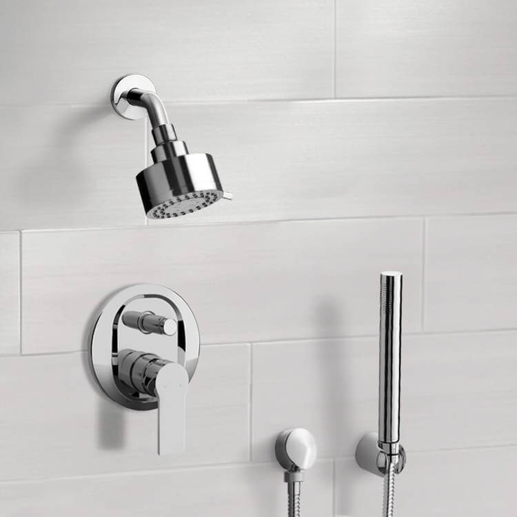 Chrome Shower System with Multi Function Shower Head and Hand Shower