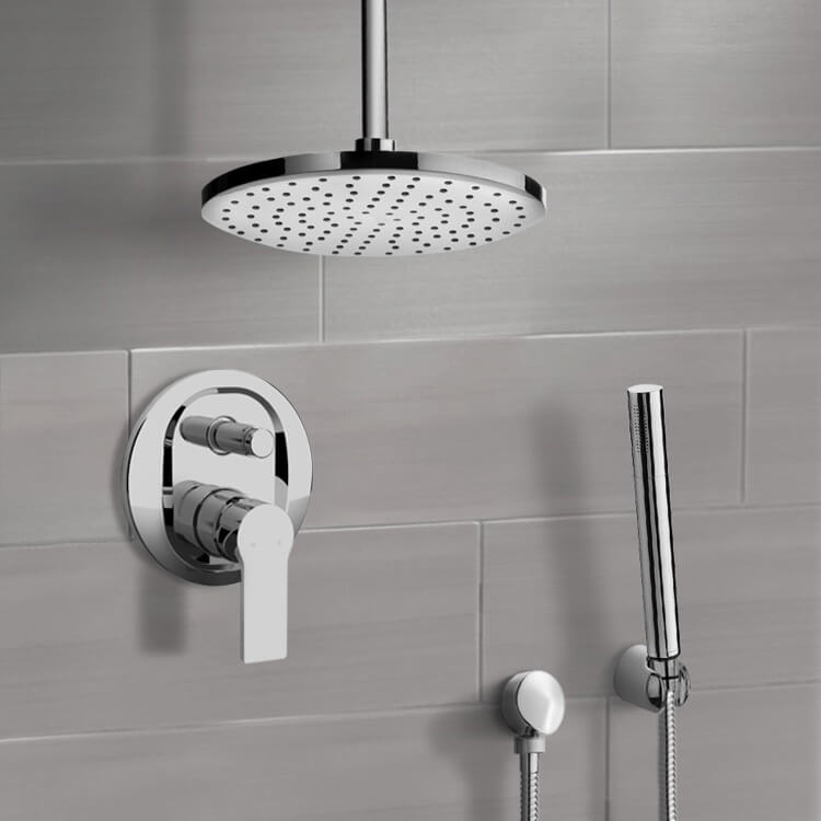 Chrome Shower System With 8" Rain Ceiling Shower Head and Hand Shower