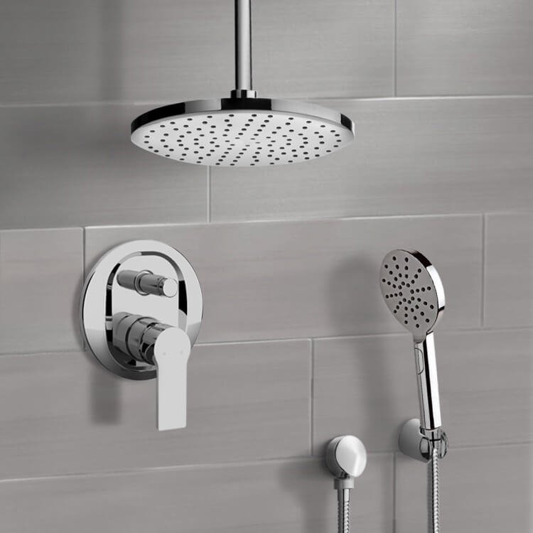 Chrome Shower System With Rain Ceiling Shower Head and Hand Shower