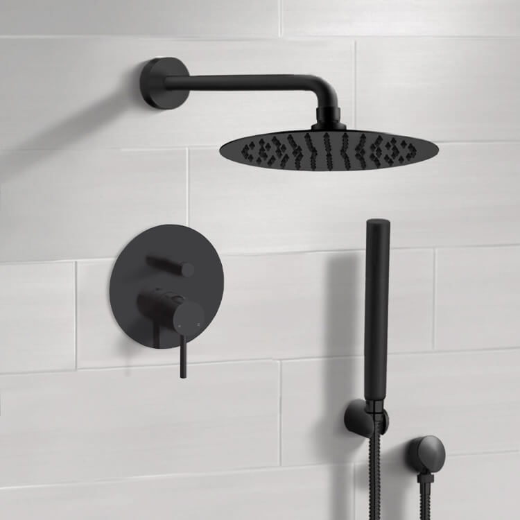 Matte Black Shower System With 12" Rain Shower Head and Hand Shower