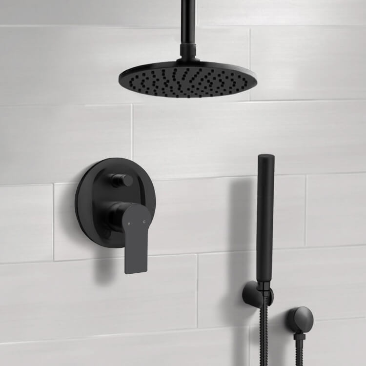 Matte Black Shower System With 8" Rain Ceiling Shower Head and Hand Shower