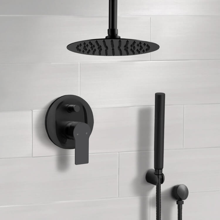 Matte Black Shower System With 12" Rain Ceiling Shower Head and Hand Shower