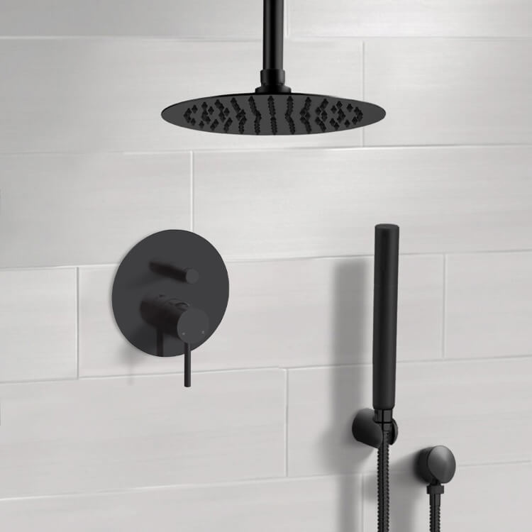 Matte Black Shower System With 12" Rain Ceiling Shower Head and Hand Shower