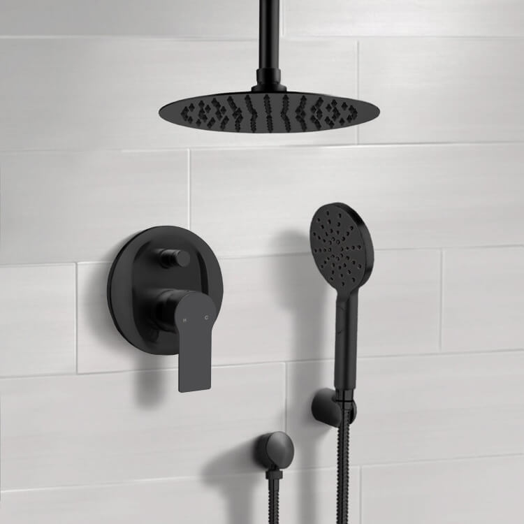 Matte Black Shower System With 12" Rain Ceiling Shower Head and Hand Shower