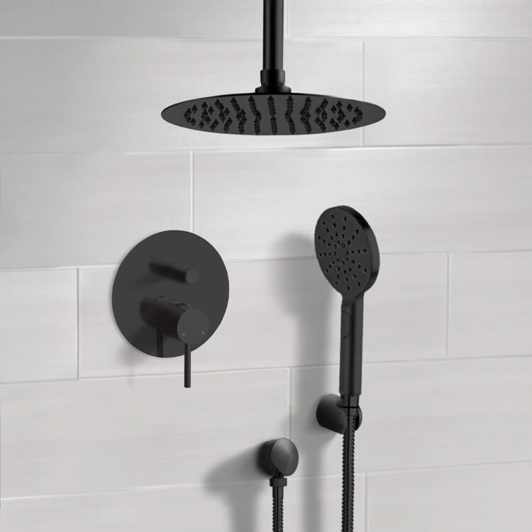 Matte Black Shower System With 12" Rain Ceiling Shower Head and Hand Shower