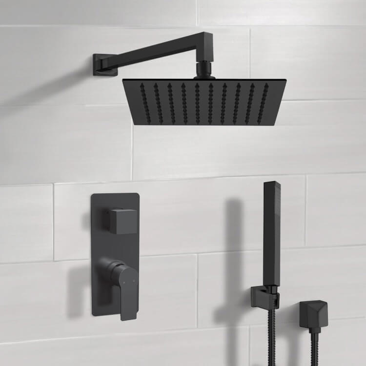 Matte Black Shower System With 12" Rain Shower Head and Hand Shower