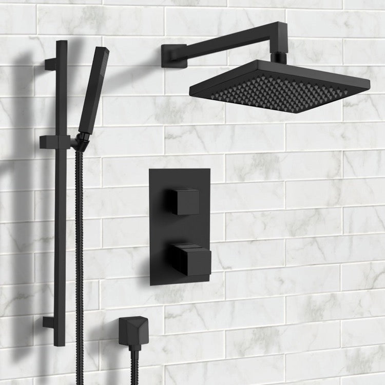 Matte Black Thermostatic Shower System with 8" Rain Shower Head and Hand Shower